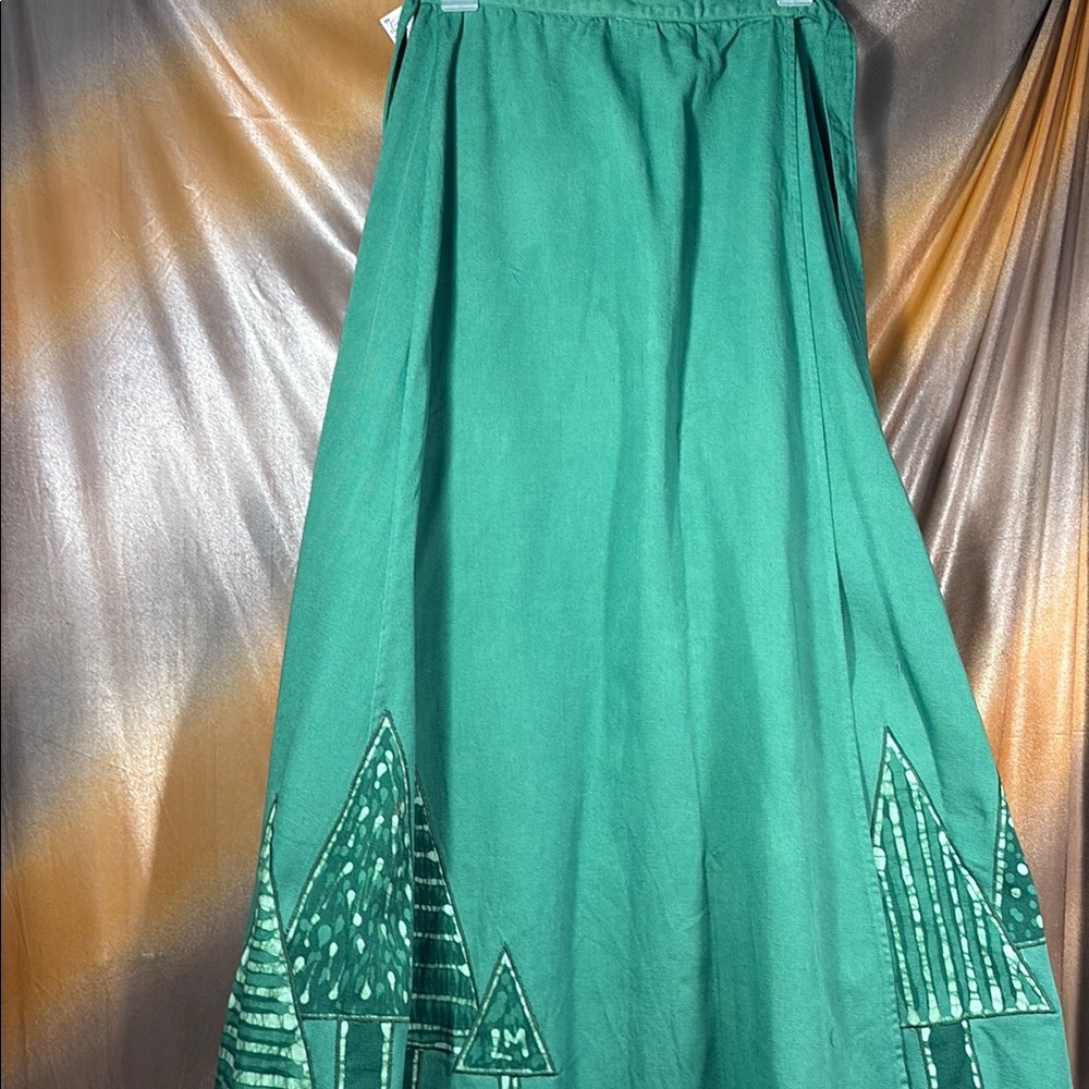 Vintage light denim Green A-Line wrap 70’s Skirt with Tree Design‎ box A1
